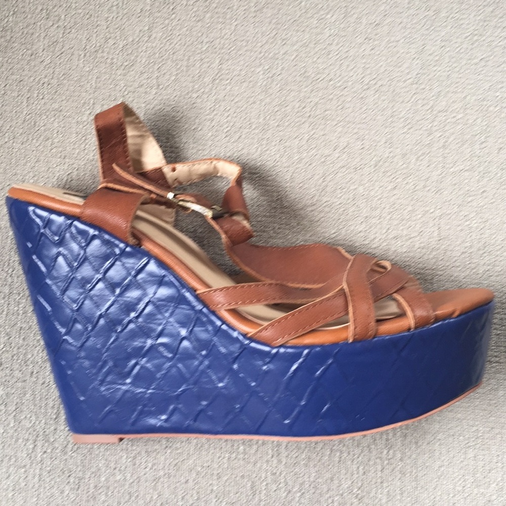 N.Y.L.A. Brown Leather With Bright Blue Wedge Heel